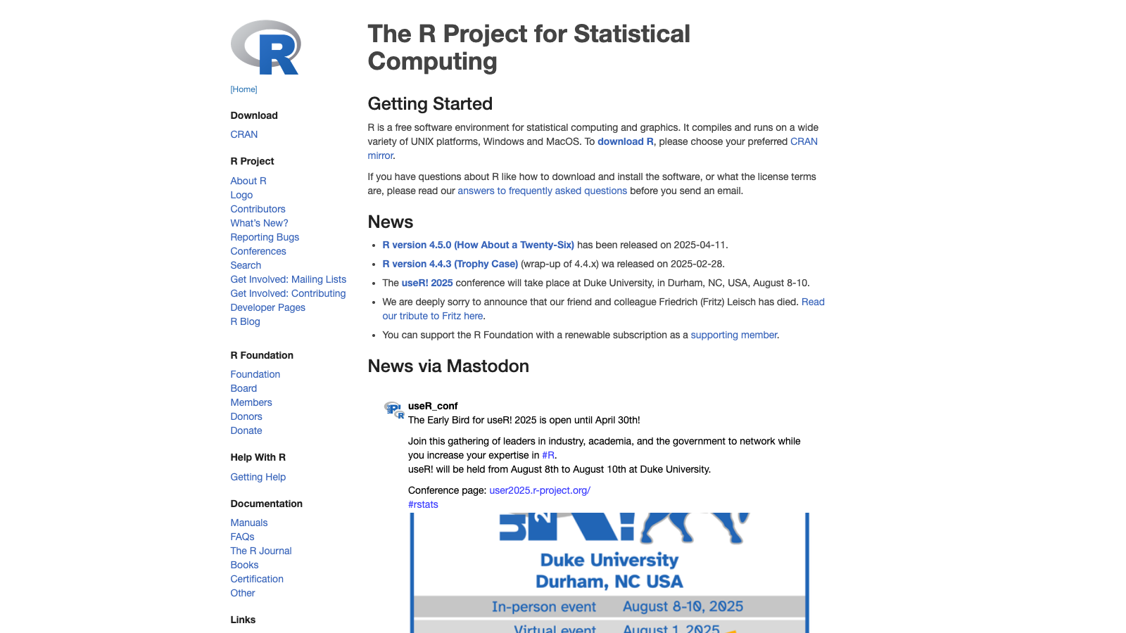 A screenshot of the R project website, clipped to the first 900 pixels in height.
